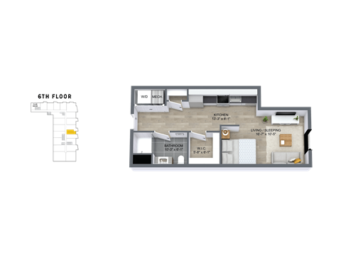 Floor plan for studio, 1 bath, 501 sqft